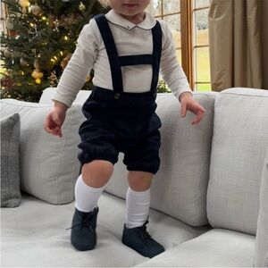 ISO Tartine outfit Navy Suspender Shorts with White Shirt and Knee Socks,